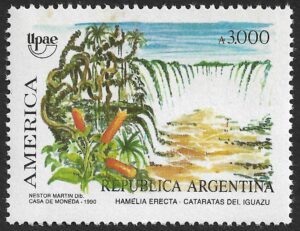 América - UPAEP - Año 1990 - Viñeta: Hamelia Erecta - Cataratas del Iguazú