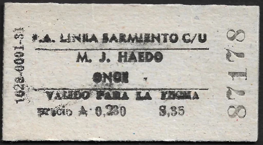 Ferrocarriles Argentinos Línea Sarmiento boleto Haedo - Once - Precio: 0,230 Australes