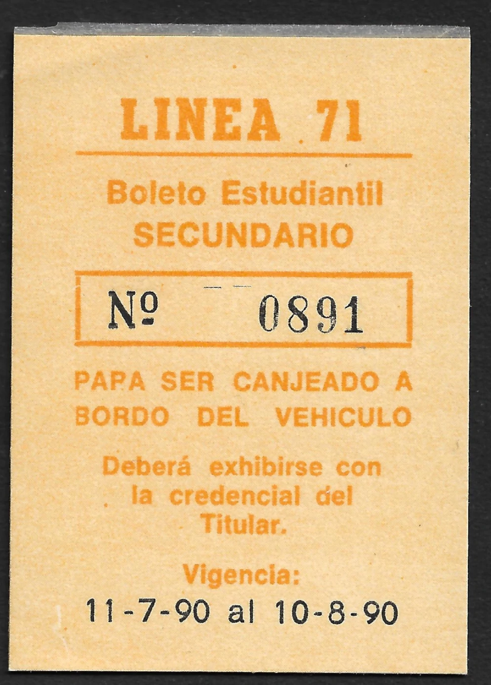 Boleto Estudiantil Secundario - 1990