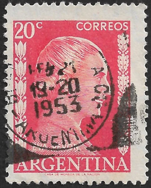 Eva Perón - Valor Facial 20 centavos - Color Carmín - Año 1953